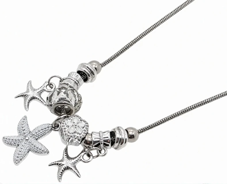 Cadena de acero quirurgico con dije simil pandora estrellas blanca 45cm + 5cm